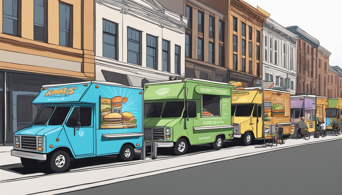 A line of food trucks parked on a city street, with signage displaying compliance with Kansas City, Missouri food truck laws