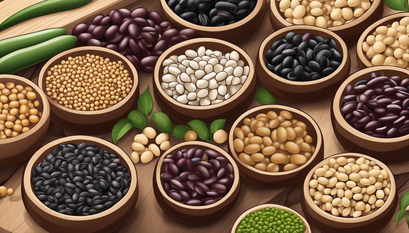 A variety of beans arranged on a wooden cutting board, including black beans, kidney beans, and chickpeas