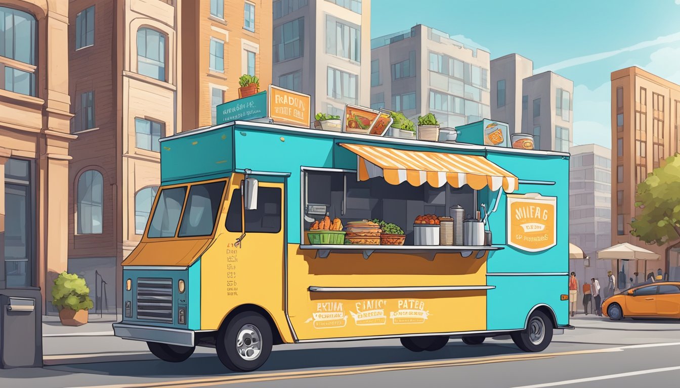 A food truck parked on a city street, surrounded by city buildings and signage, with a group of people lined up to order