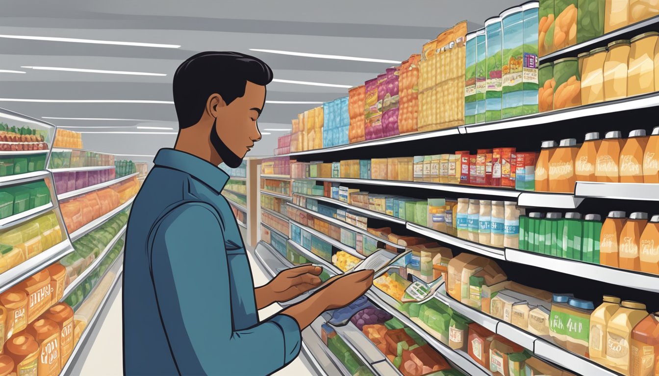 A diabetic person carefully reading food labels on cans of beans in a grocery store aisle