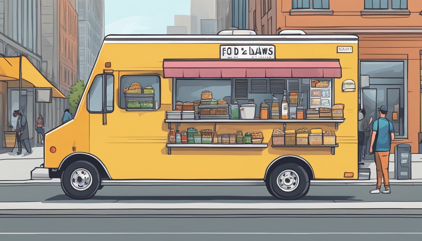 A food truck parked on a city street, surrounded by signage displaying Illinois food truck laws. A line of customers waits to order