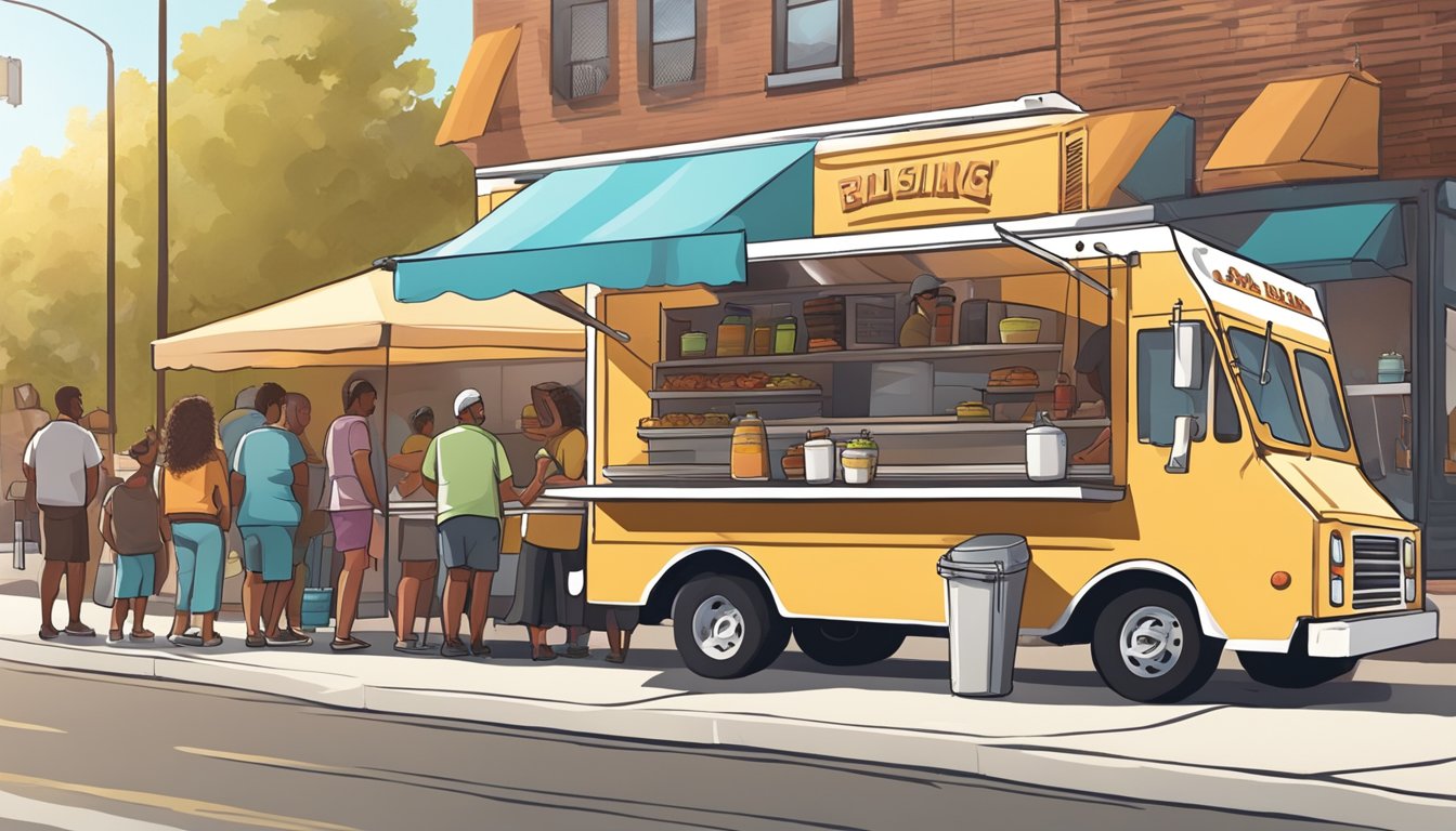 A food truck parked on a bustling street in Indiana, with a line of customers waiting to order. The sun is shining, and the aroma of sizzling food fills the air