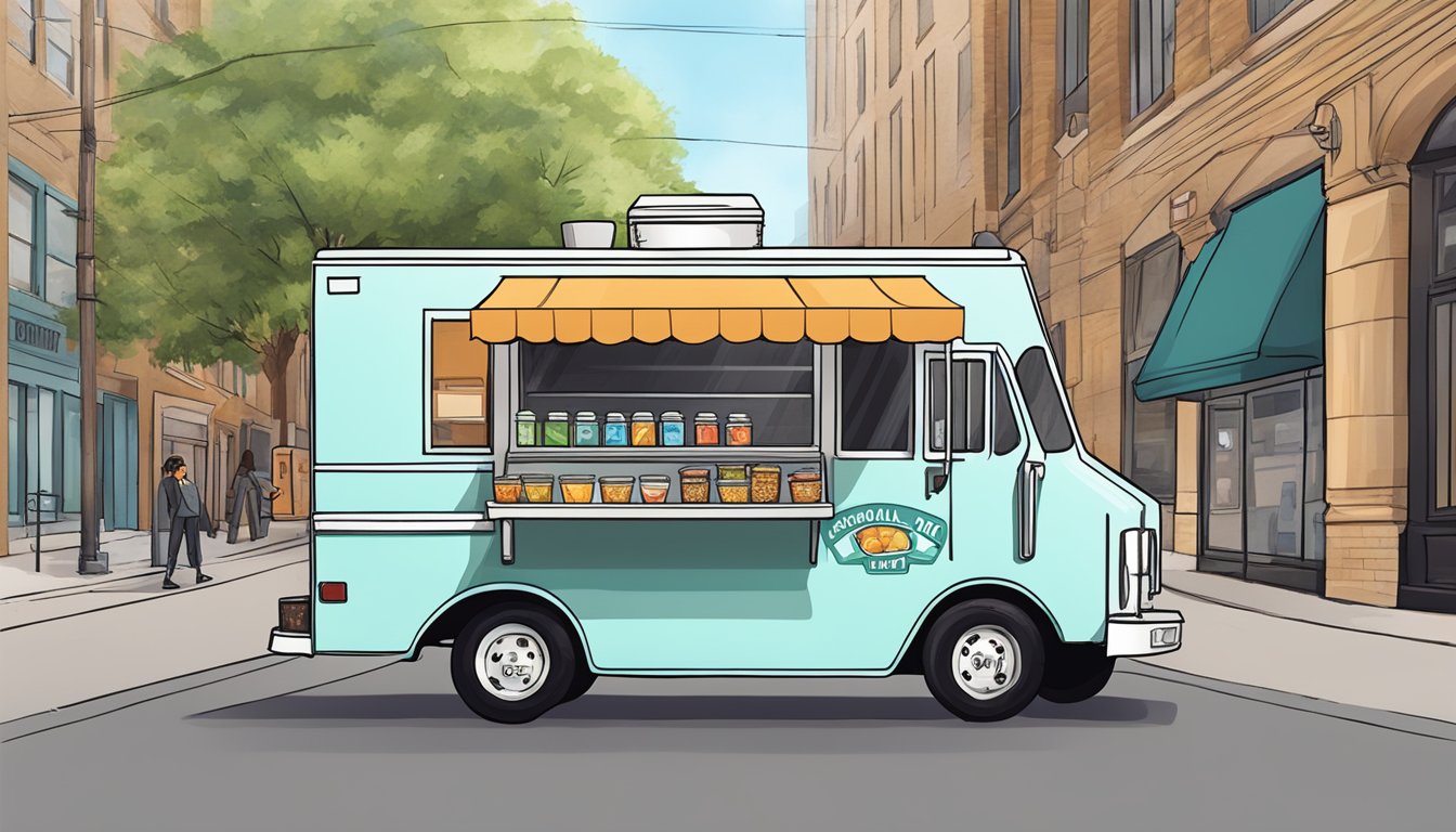 A food truck parked on a city street in Illinois, with a sign displaying financial and legal information regarding food truck laws