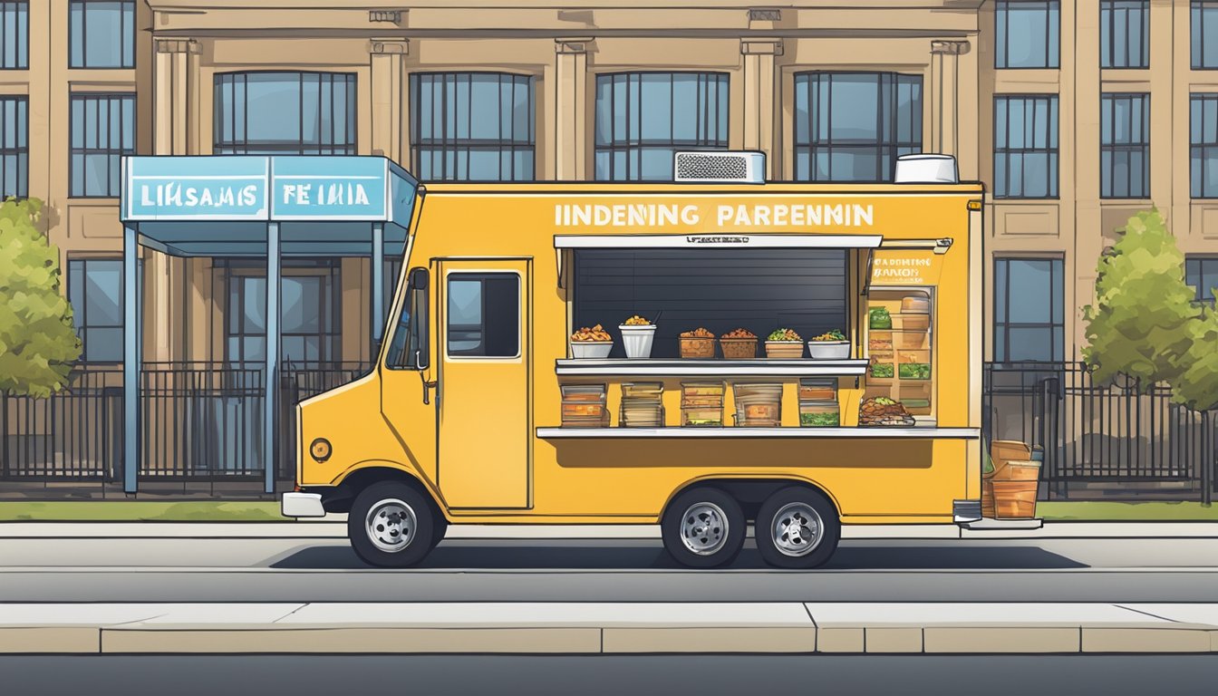 A food truck parked in front of a government building, with signs displaying licensing and permit requirements for operating in Indiana