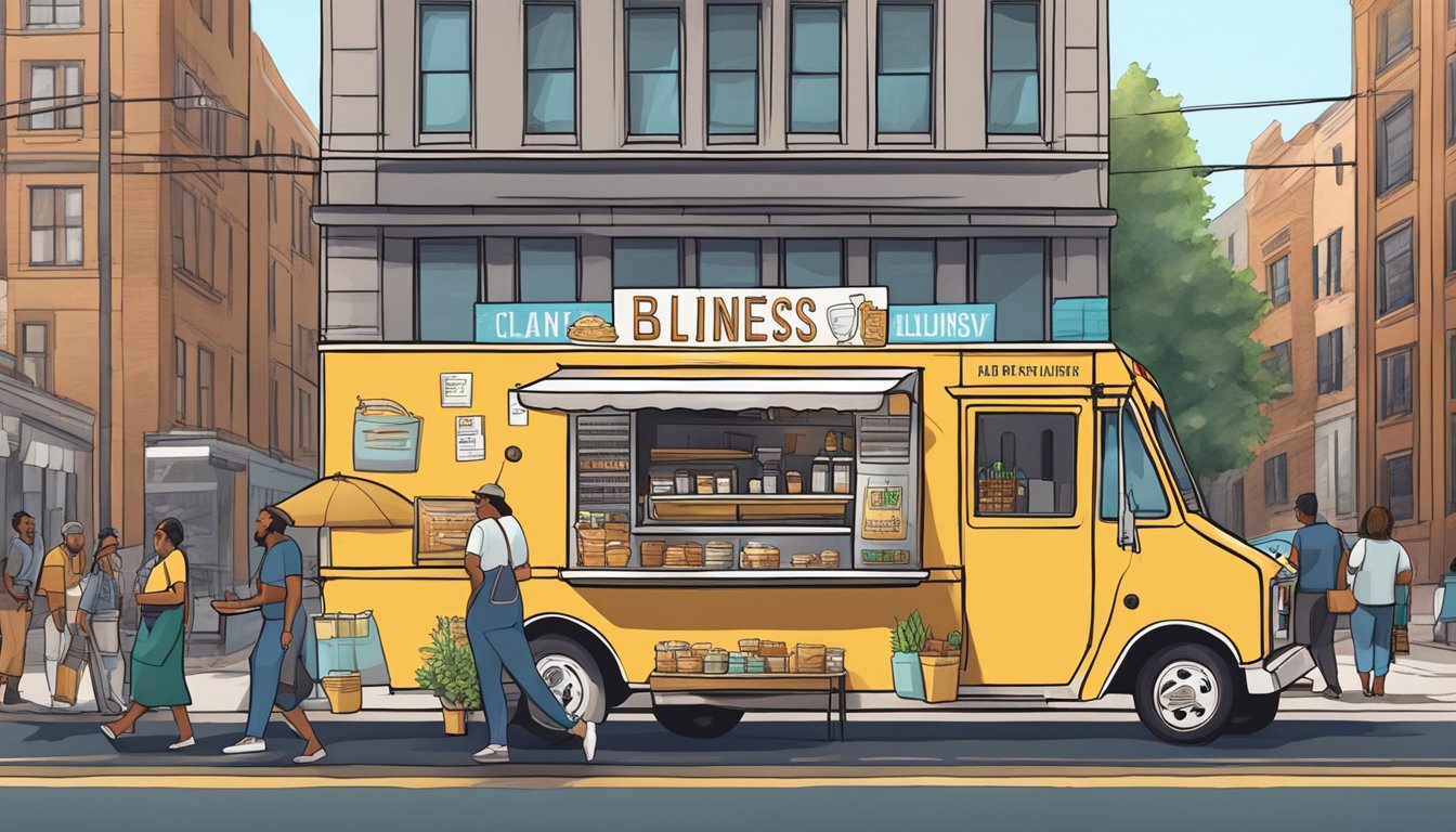 A food truck parked on a city street, surrounded by customers and a sign displaying Illinois business operation laws