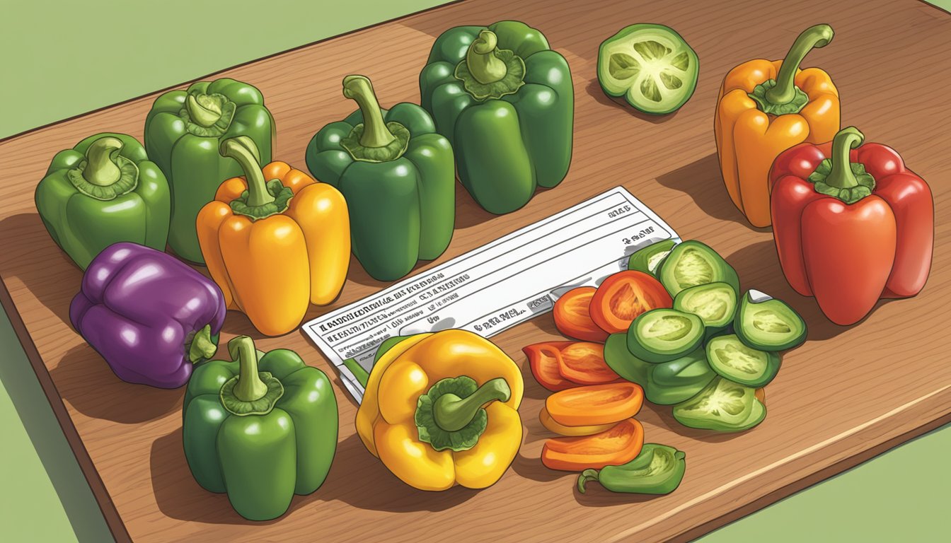 A colorful array of bell peppers, sliced and arranged on a cutting board, with a nutrition label in the background