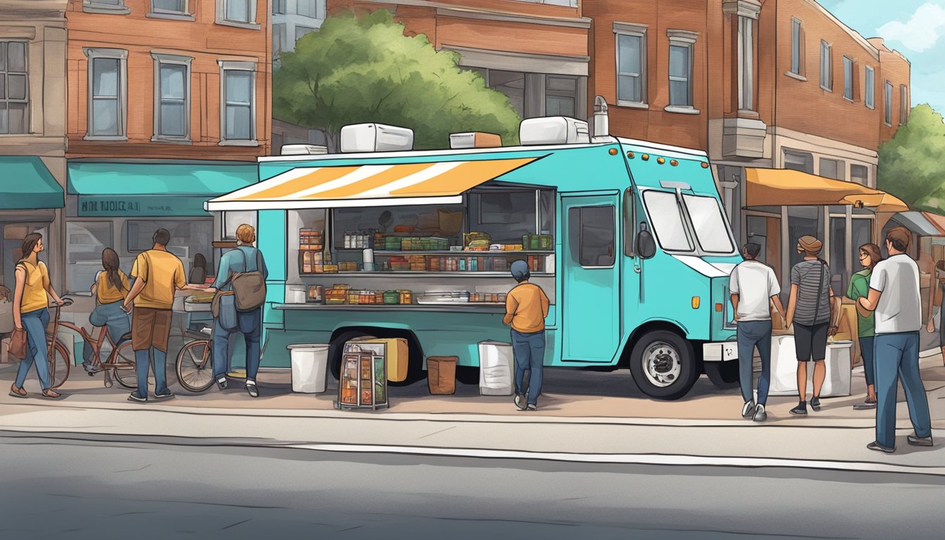 A food truck parked on a city street, surrounded by customers and complying with Indiana's food truck laws