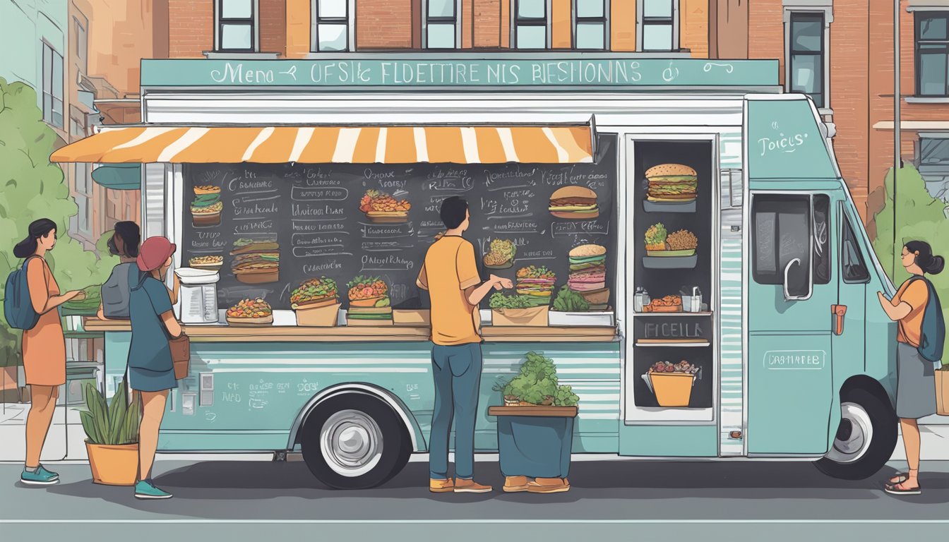 A food truck parked on a bustling street, with a chalkboard menu displaying various meal options. A crowd of people eagerly line up to place their orders