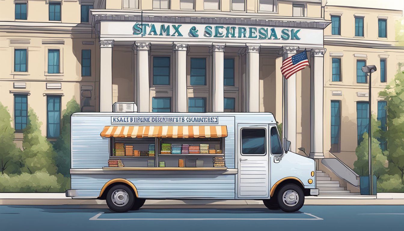 A food truck parked in front of a government building, with a stack of tax forms and a cash register on the counter