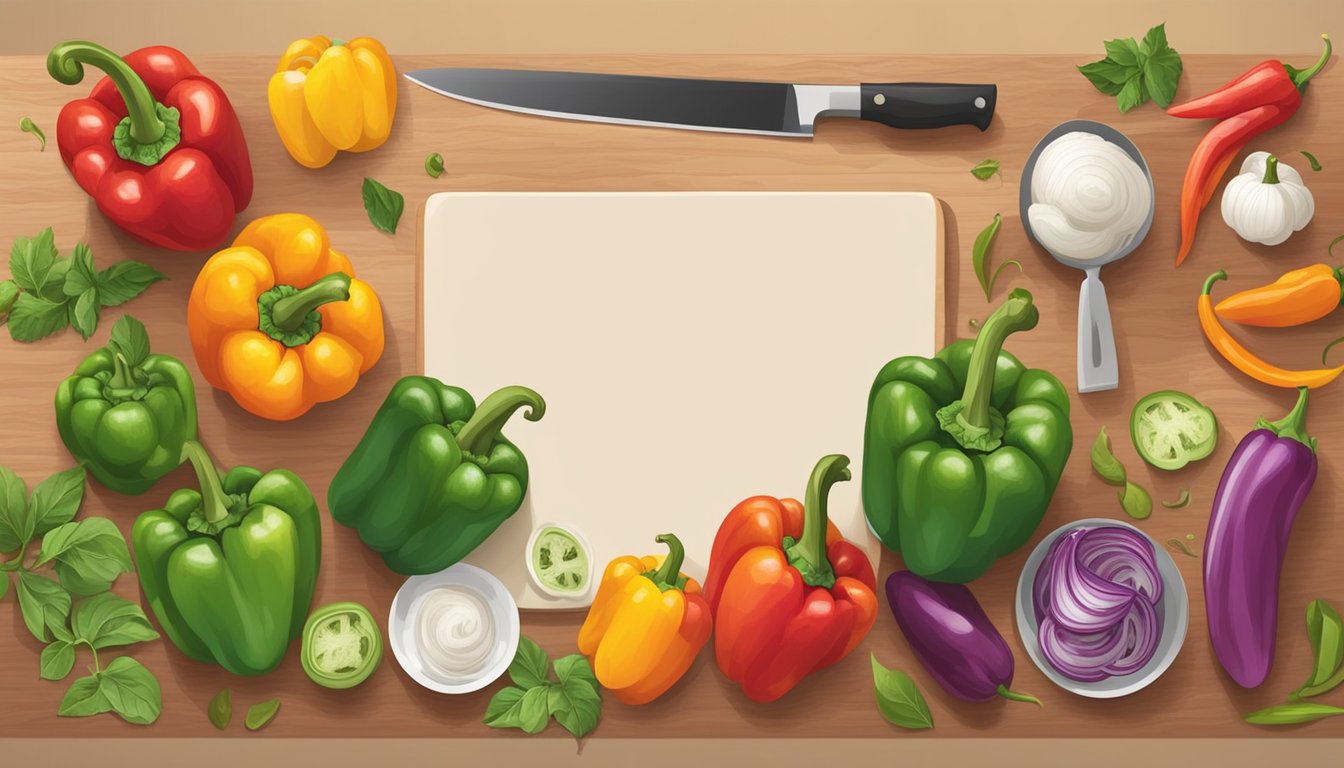 A kitchen counter with a variety of colorful bell peppers, a cutting board, and a knife, surrounded by ingredients and cooking utensils