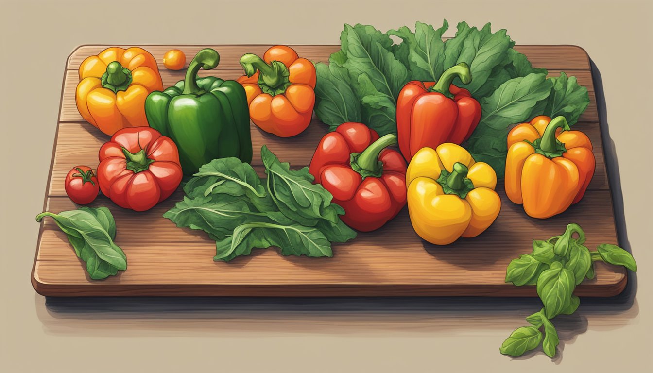 A colorful array of bell peppers, tomatoes, and leafy greens arranged on a wooden cutting board