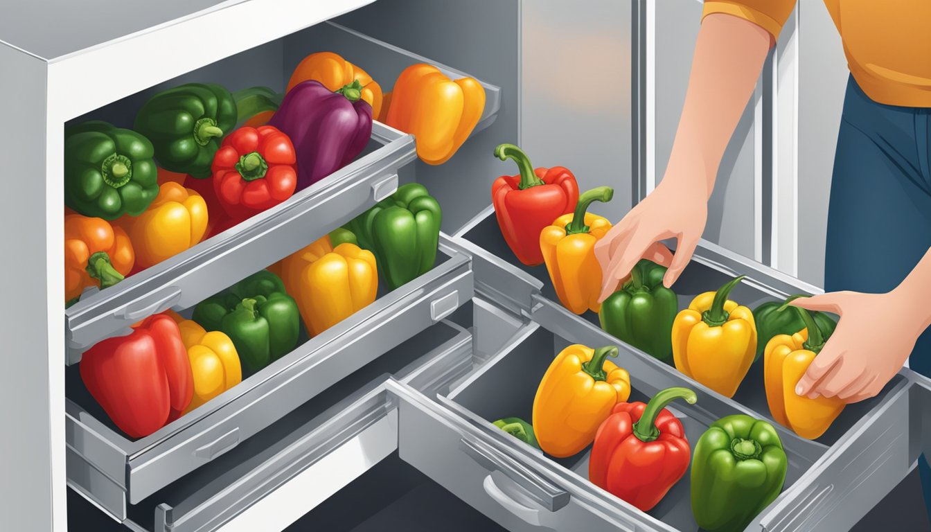 A person putting fresh bell peppers into a refrigerator drawer