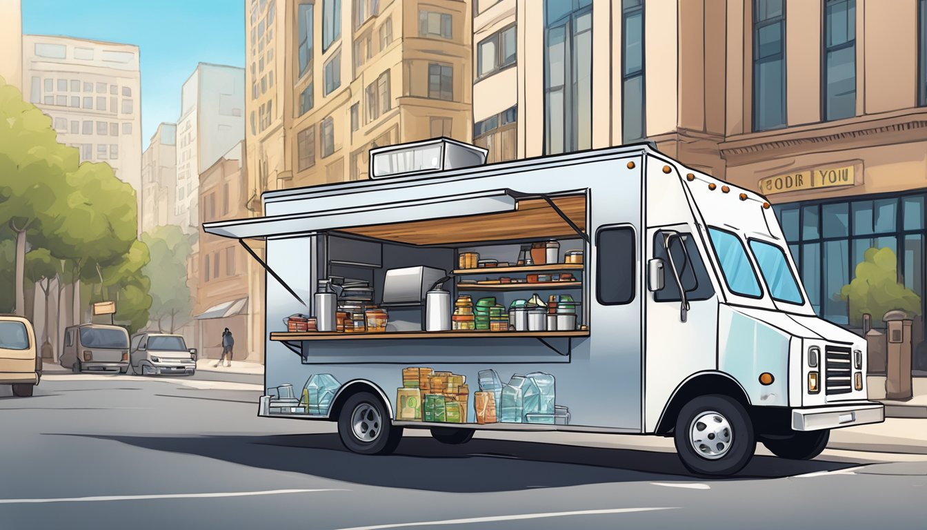 A food truck parked on a city street, with a "Setting Up Your Mobile Food Business" workshop sign in Fresno, California