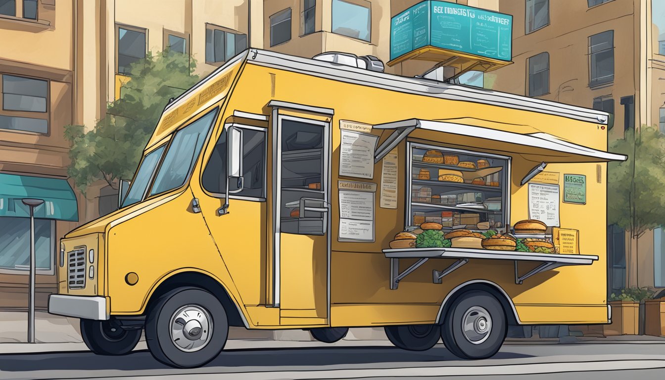 A food truck parked on a city street, surrounded by signs displaying operational guidelines and restrictions for Fresno, California