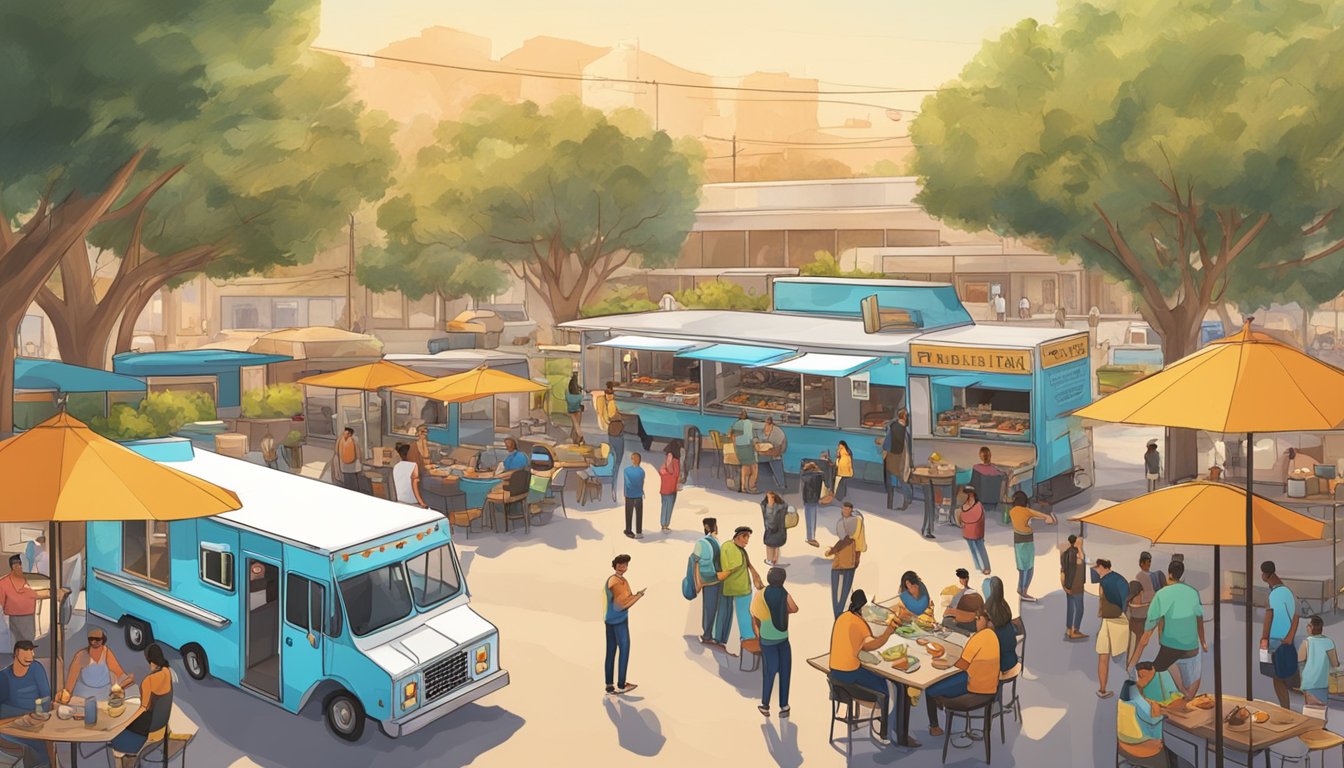 A bustling food truck park in Fresno, California, with various vendors and customers enjoying their meals under the warm California sun