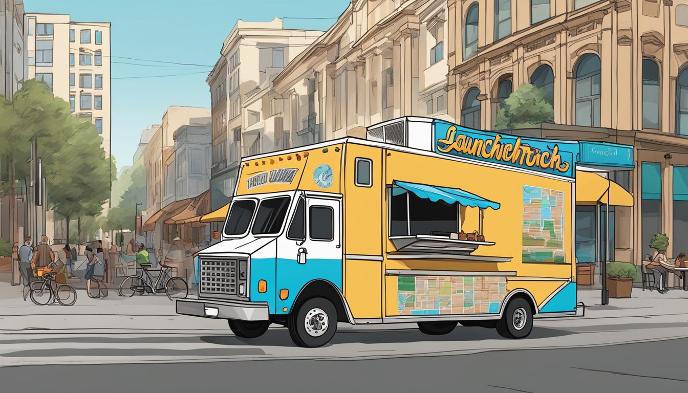 A food truck parked on a city street, with a sign displaying "Launching Your Food Truck" and a map of Fresno, California showing food truck laws