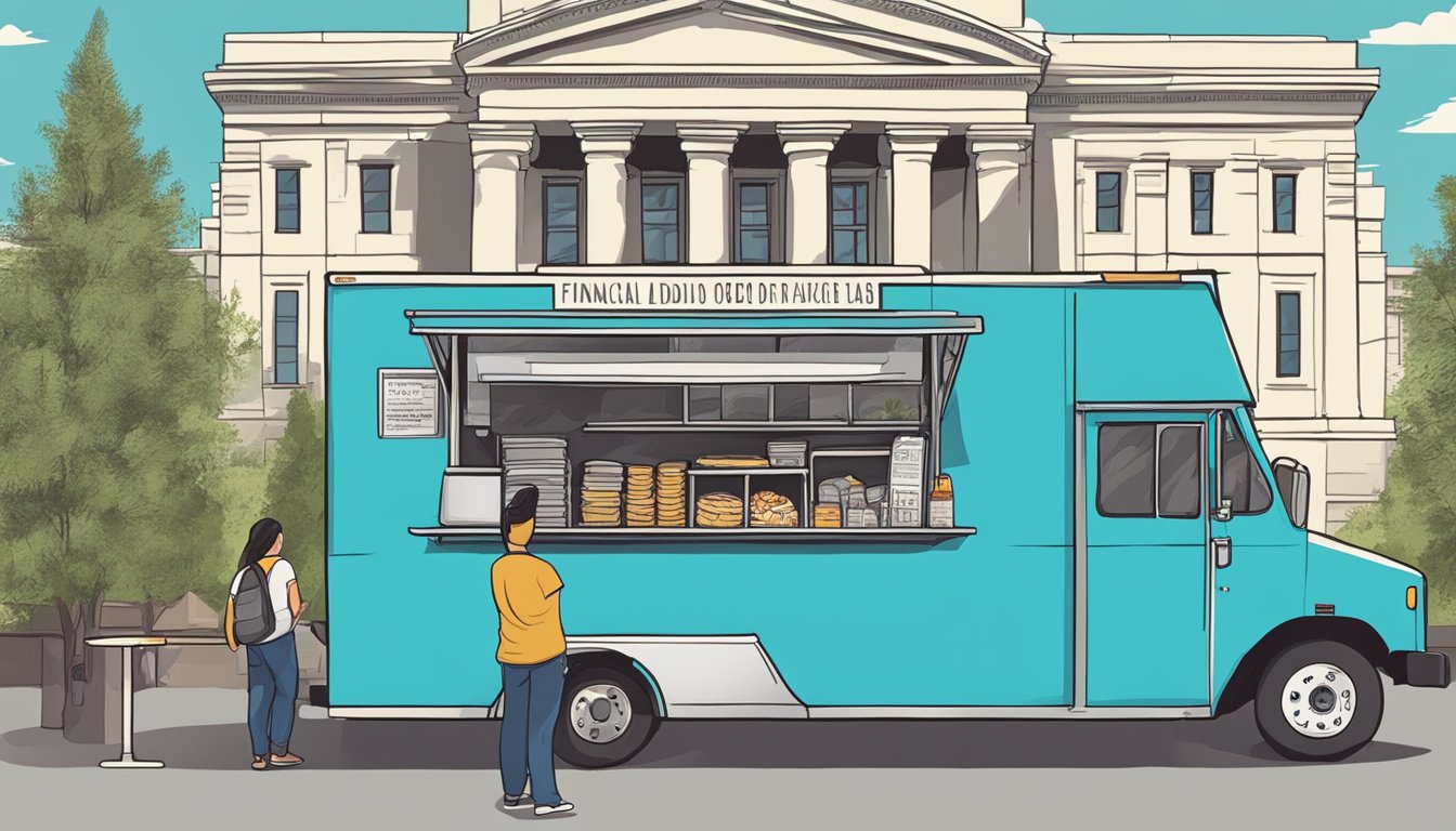 A food truck parked in front of the Idaho State Capitol building, with a line of customers waiting to order. The truck displays a sign with financial regulations and laws related to operating a food truck in Idaho