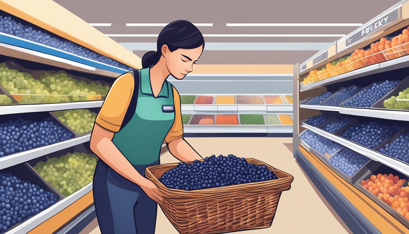 A diabetic person carefully selecting and examining a basket of blueberries at a grocery store