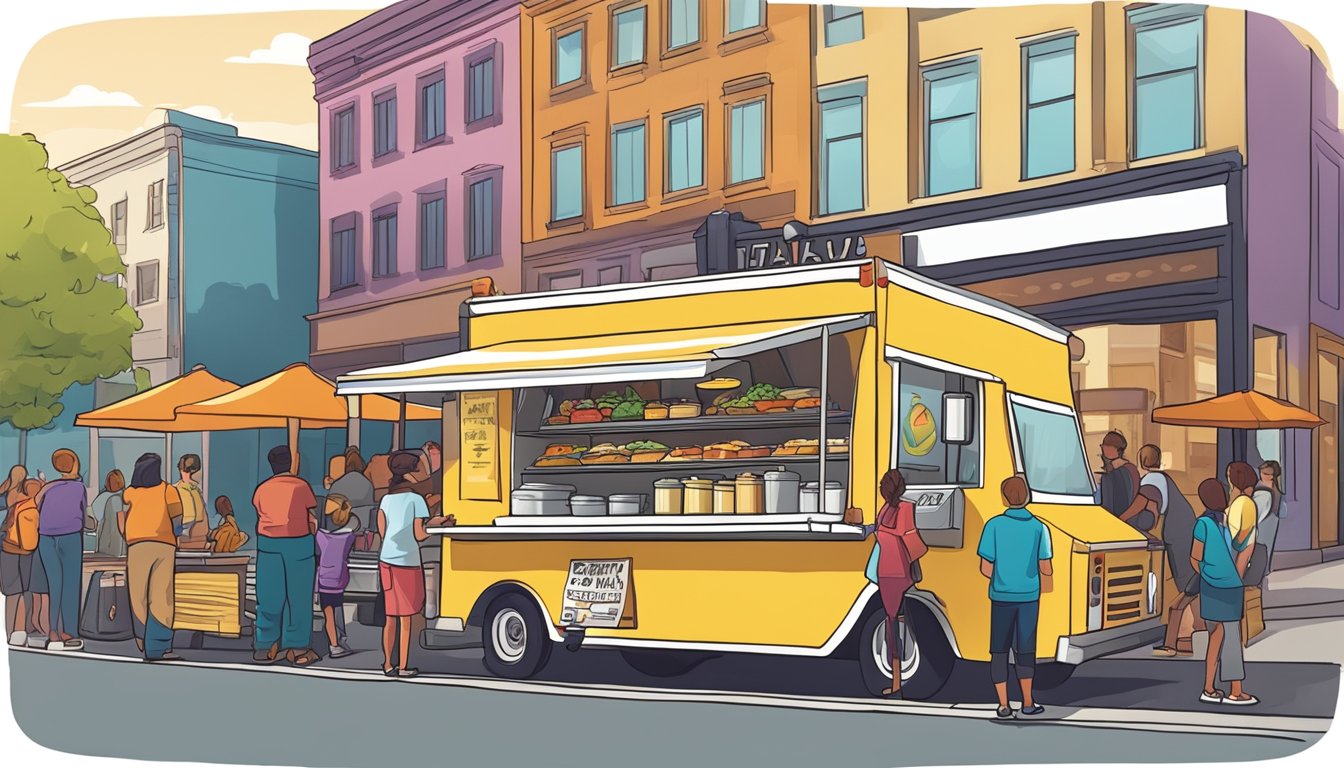 A food truck parked on a bustling street, with a sign displaying Idaho food truck laws. Customers line up to order from the vibrant, inviting truck