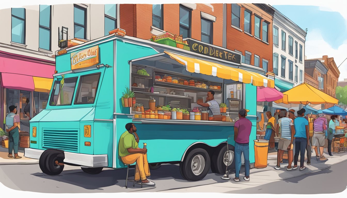 A food truck parked on a bustling Baltimore street, surrounded by colorful signage and customers lining up to order