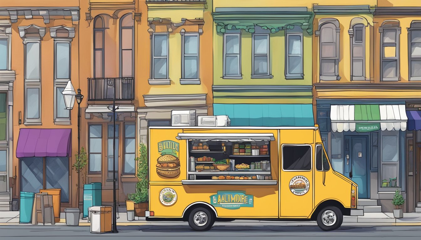 A food truck parked on a city street, surrounded by signs displaying Baltimore, Maryland food truck laws