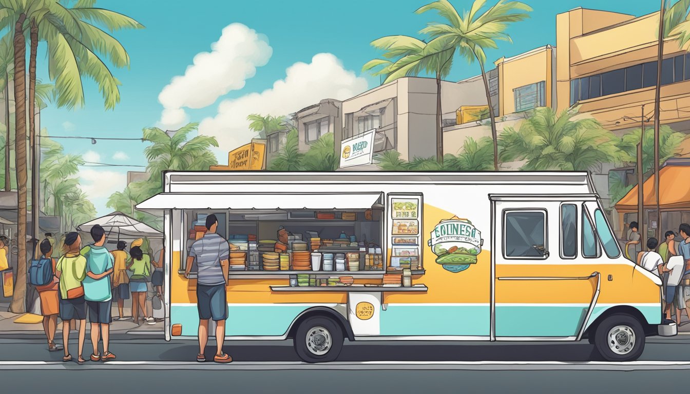 A food truck parked on a bustling street in Hawaii, with a sign displaying the business name and a line of customers waiting to order