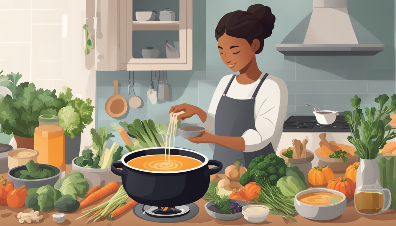 A person with diabetes holding a steaming bowl of bone broth, surrounded by various ingredients like vegetables, herbs, and a pot on a stove