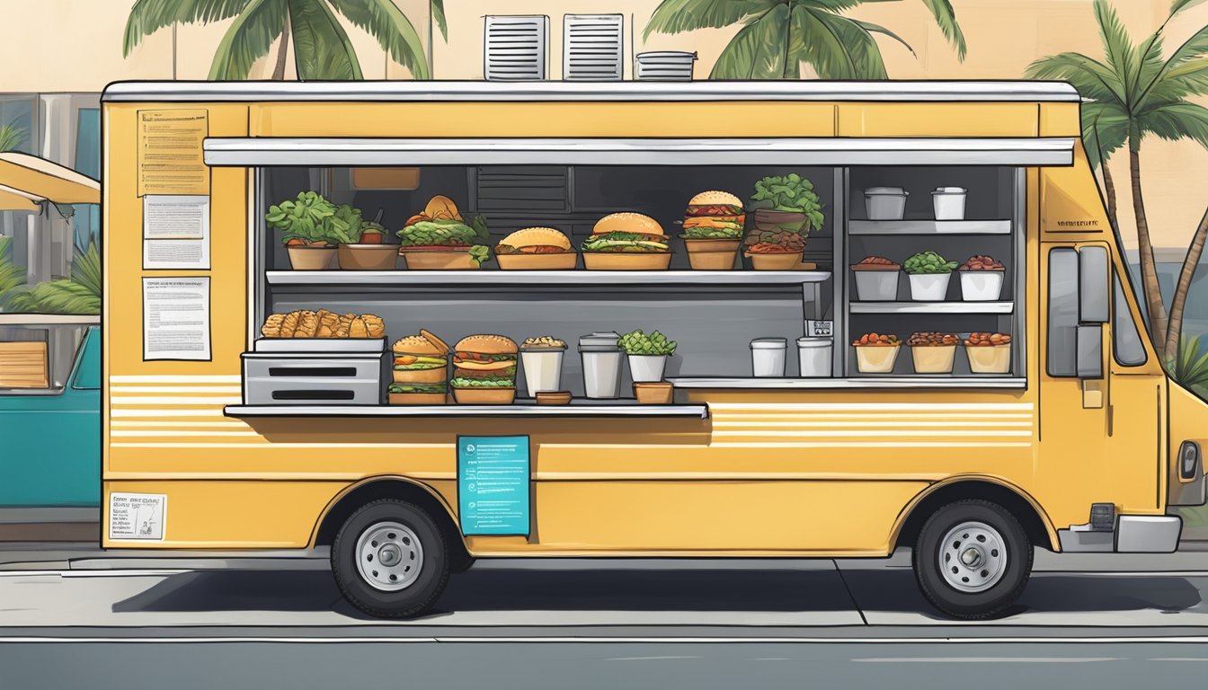 A food truck parked on a Hawaiian street, with a sign displaying operational regulations and a checklist of food safety laws