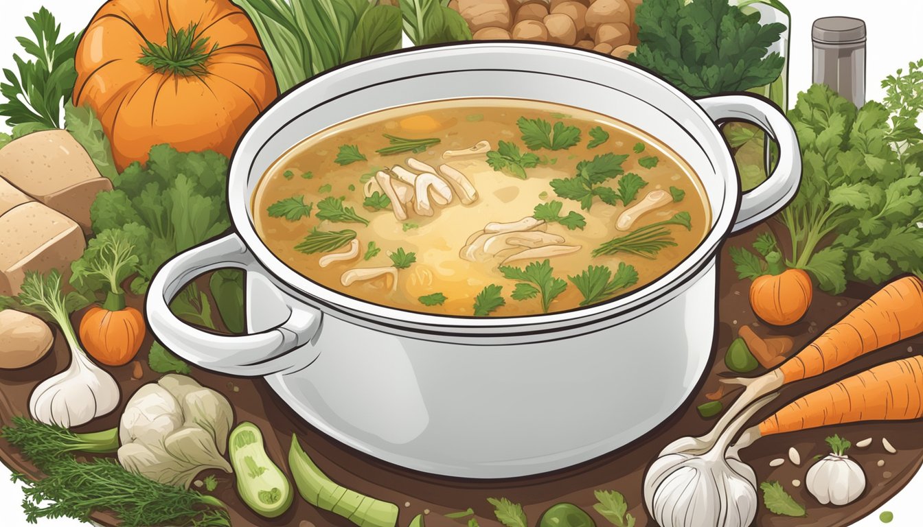 A steaming pot of bone broth surrounded by various fresh vegetables and herbs. A nutrition label displaying the key nutritional information for diabetics