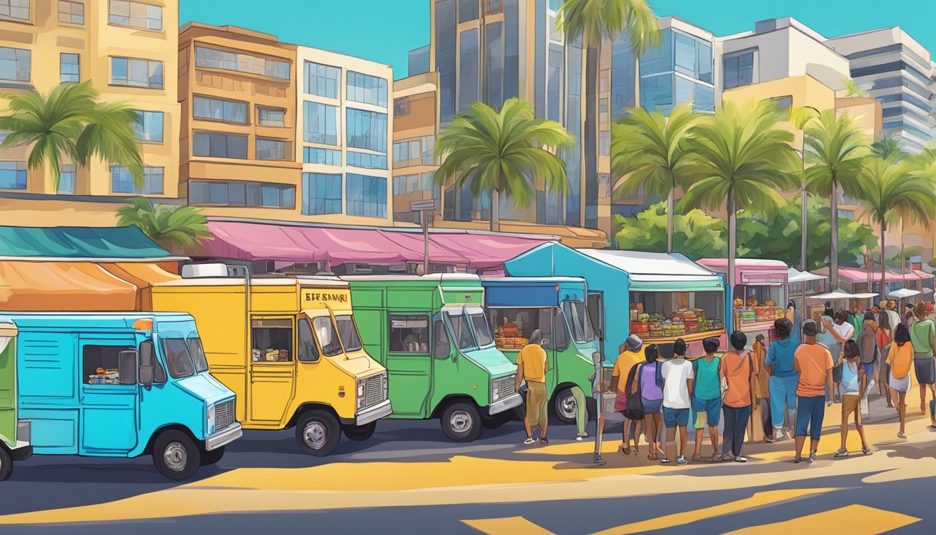 A row of colorful food trucks line a bustling street, surrounded by a diverse crowd of people enjoying the vibrant food truck culture in Hawaii