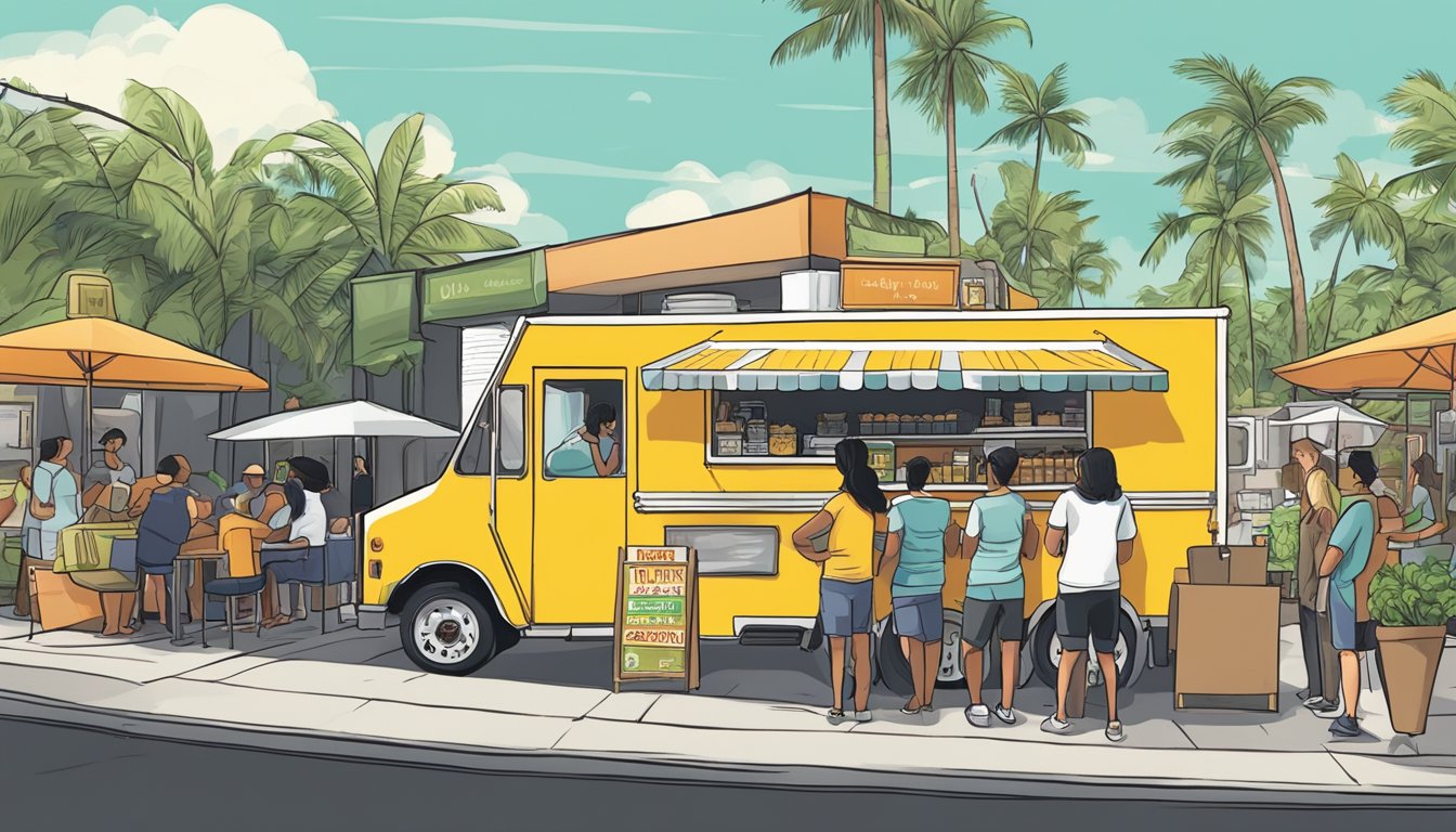 A food truck parked on a Hawaiian street, with a sign displaying local food laws and regulations. Customers line up to order