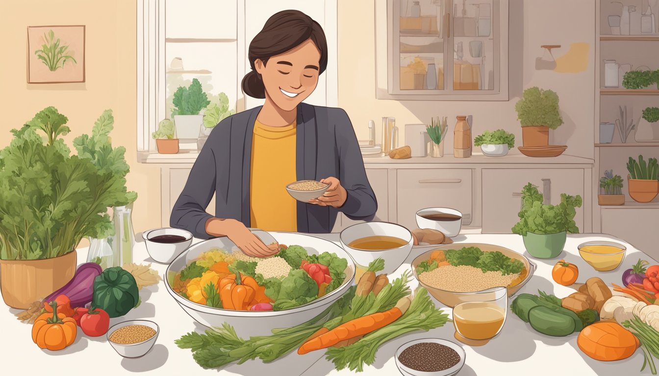 A table with a bowl of bone broth surrounded by colorful vegetables and grains. A diabetic person is sitting at the table, looking at the food with a smile