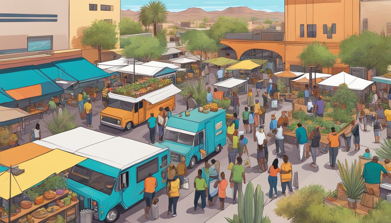 A bustling food truck park in Tucson, Arizona, with colorful trucks lining the street, customers sampling diverse cuisines, and vendors discussing business development strategies