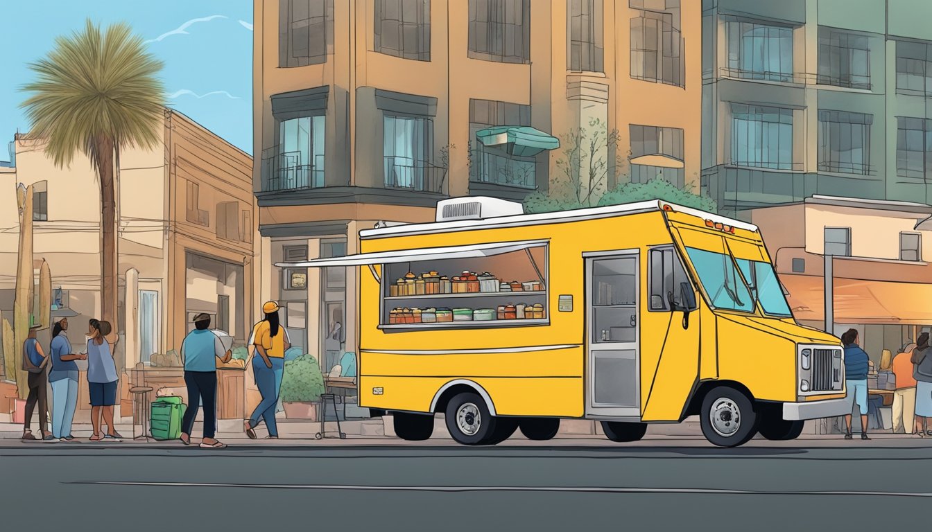 A food truck parked on a bustling street in Tucson, Arizona, as an inspector checks for compliance with local food safety laws