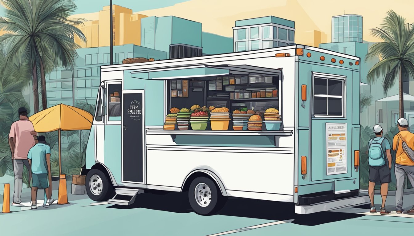 A food truck parked in Florida, surrounded by regulatory signs and officials inspecting for compliance with state laws