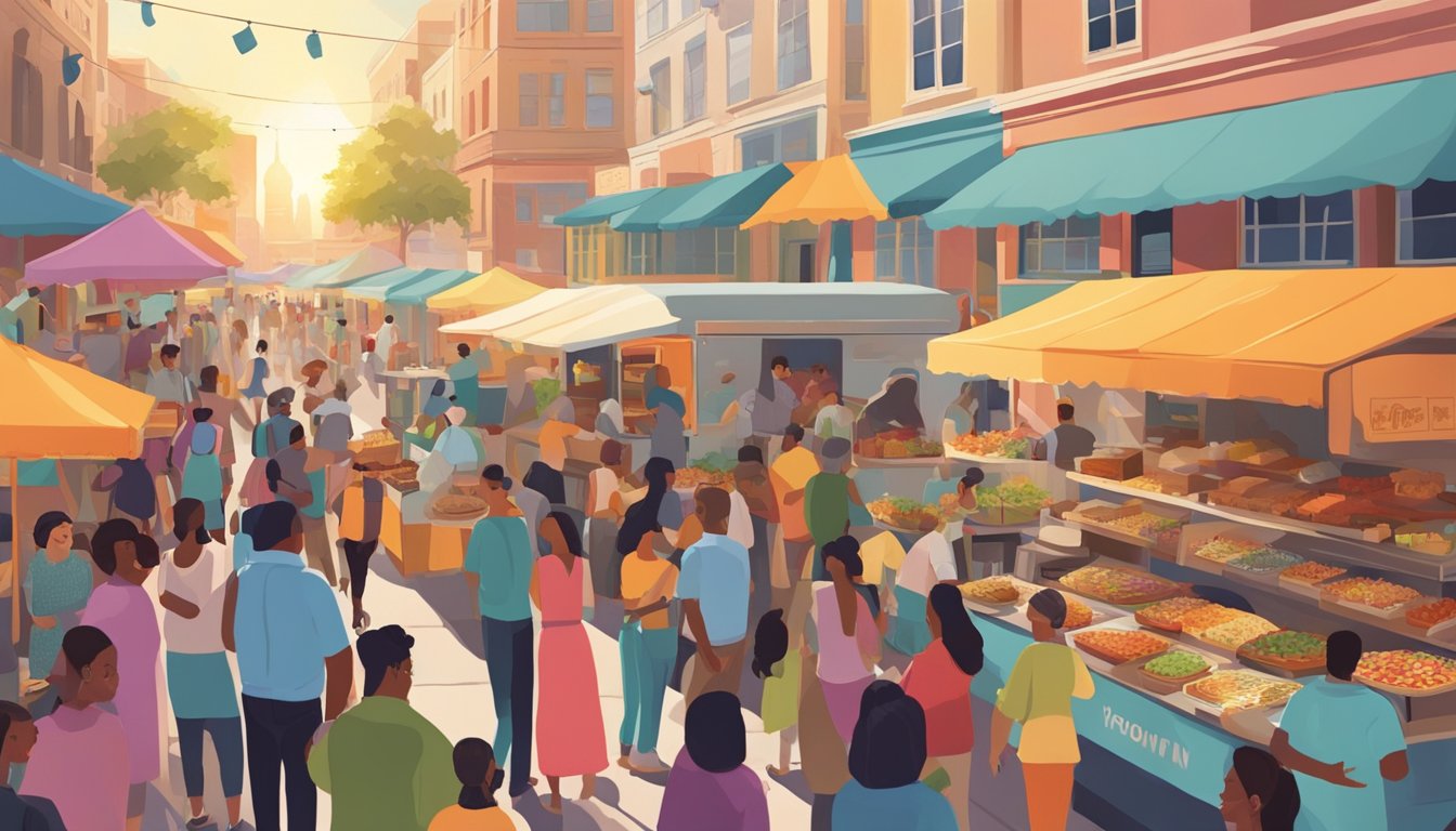 A bustling street lined with colorful food trucks, with vendors serving up a variety of delicious cuisines. The sun shines down on the lively scene as customers line up to sample the diverse offerings