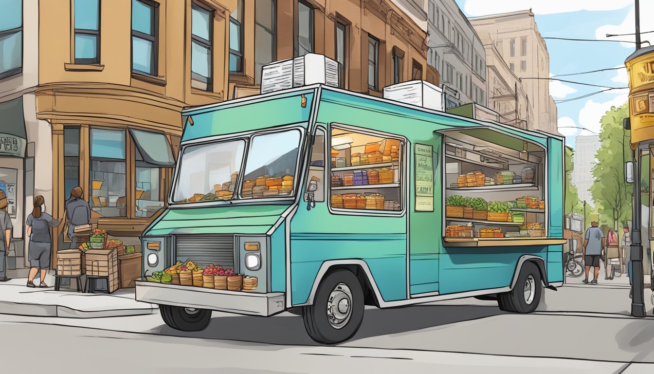 A food truck parked on a bustling Milwaukee street, displaying required licenses and permits in accordance with Wisconsin food truck laws