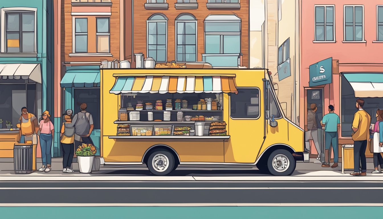 A food truck parked on a city street, with a line of customers waiting to order. A sign displays the business name and menu items