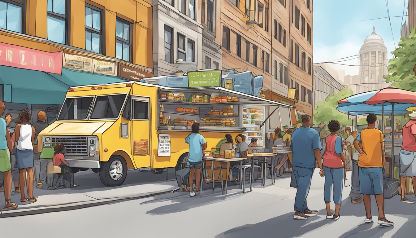 A food truck parked on a city street, surrounded by people and other food trucks. Signs display "Milwaukee Food Truck Laws" and "Wisconsin Regulations."