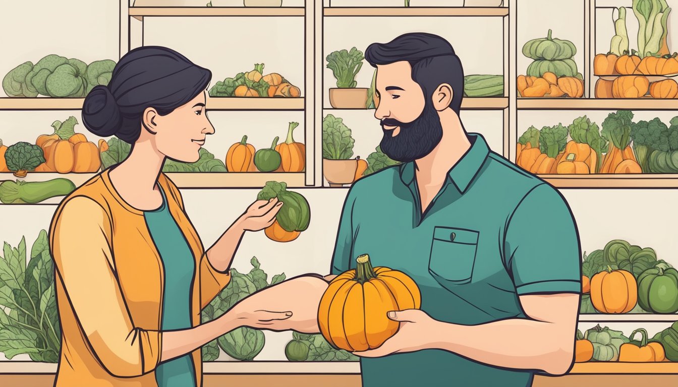 A dietician holding a butternut squash and discussing dietary options with a person with diabetes