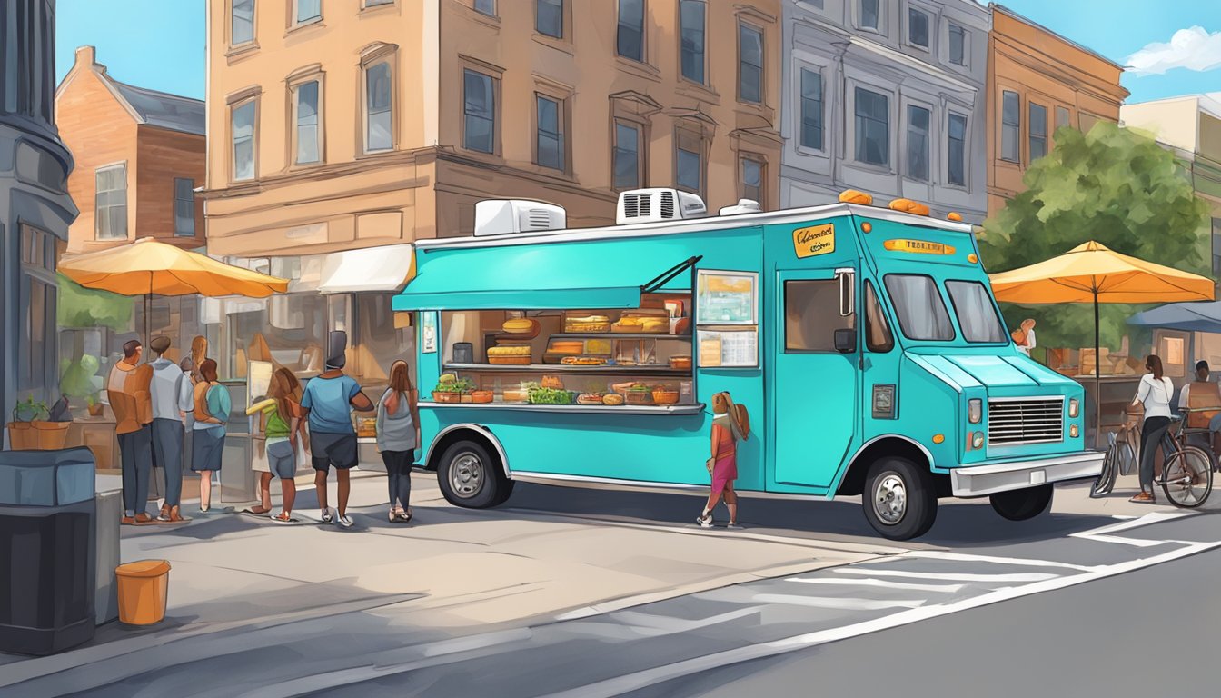 A food truck parked on a city street, surrounded by customers and complying with Delaware's food truck laws