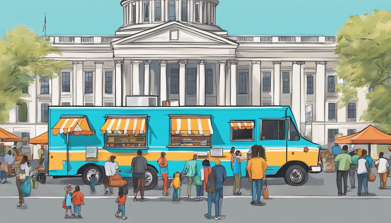 A food truck parked in front of the Delaware State Capitol, surrounded by people and signs displaying various food truck laws and regulations