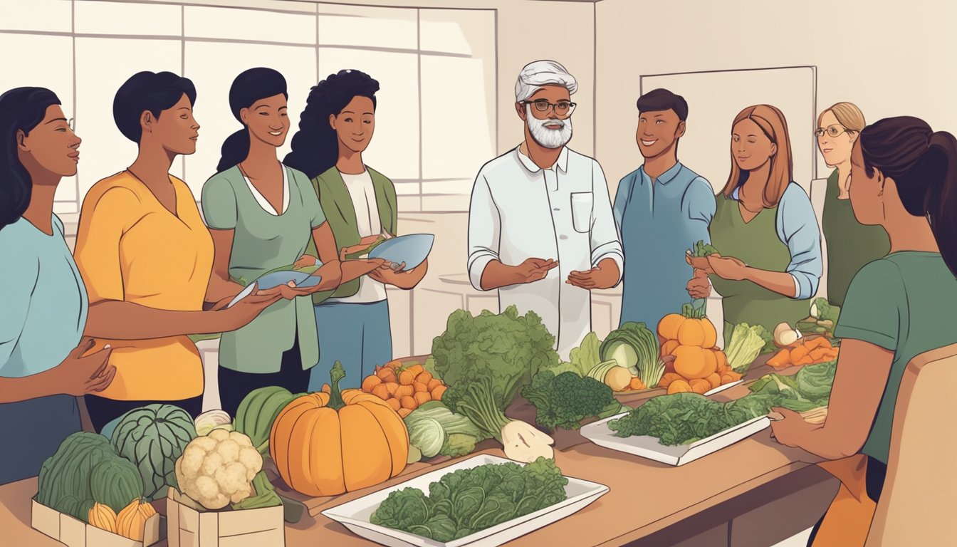 A dietician presenting various vegetable options to a group of people, with a focus on butternut squash