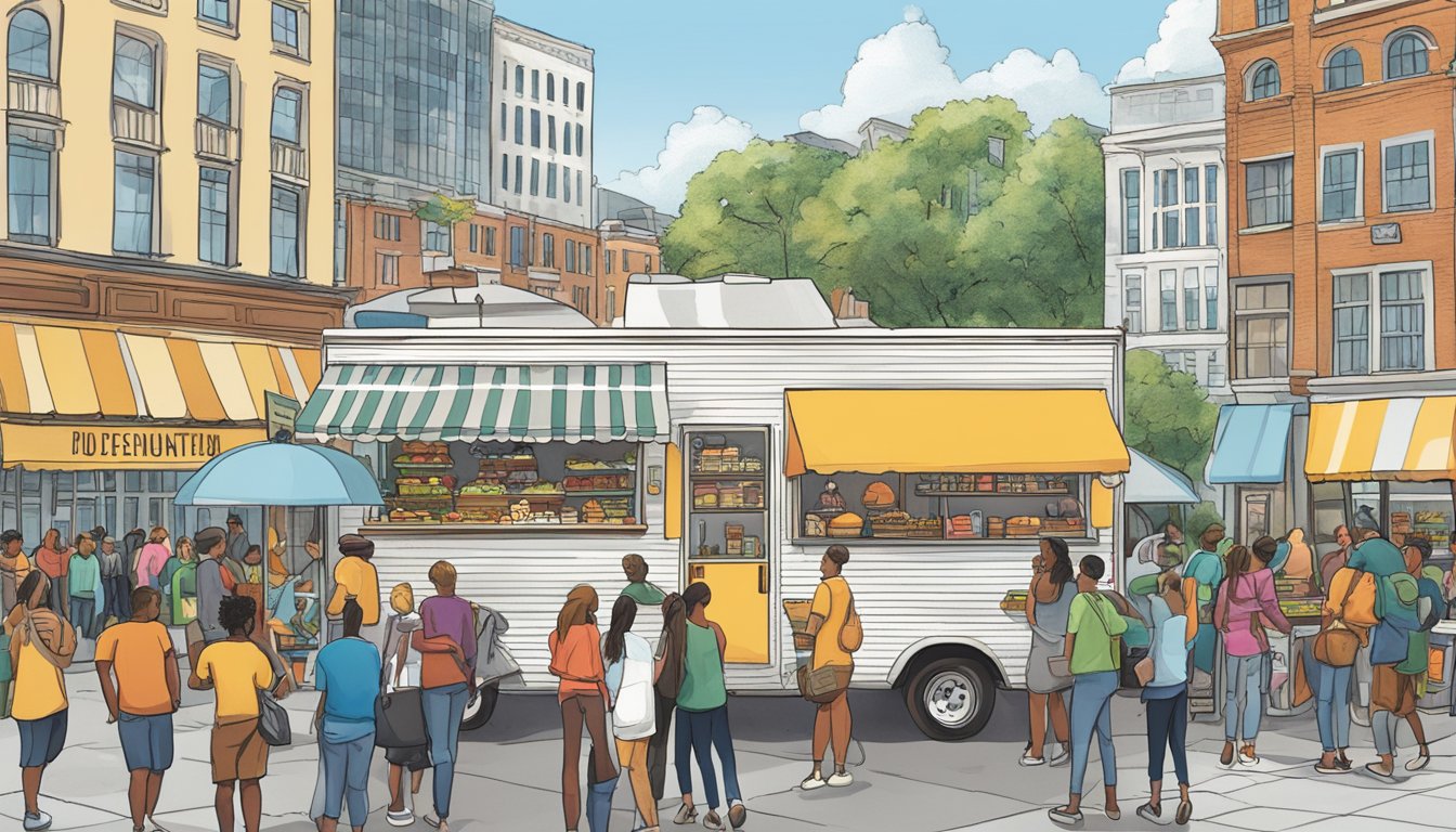 A food truck parked in a bustling city square, surrounded by eager customers. A sign displays "Marketing and Customer Experience" laws in Delaware