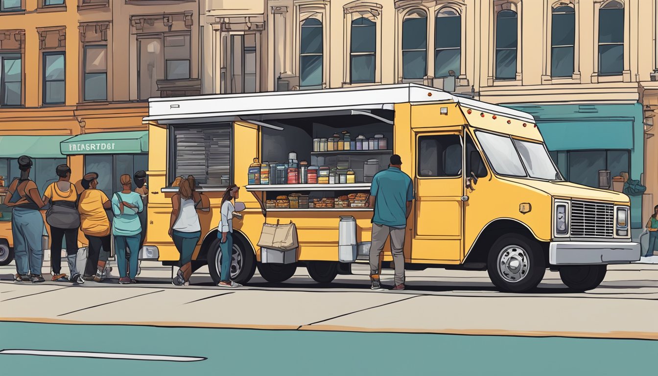 A food truck parked on a bustling street in Detroit, Michigan, with customers lined up and a city skyline in the background