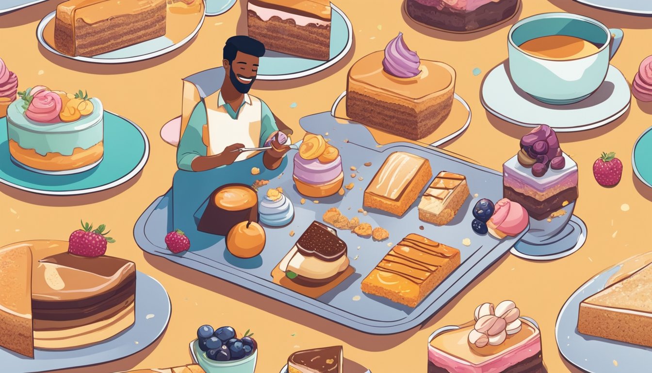 A person with diabetes happily enjoying a slice of cake with a sugar-free option on a plate, surrounded by various dessert options