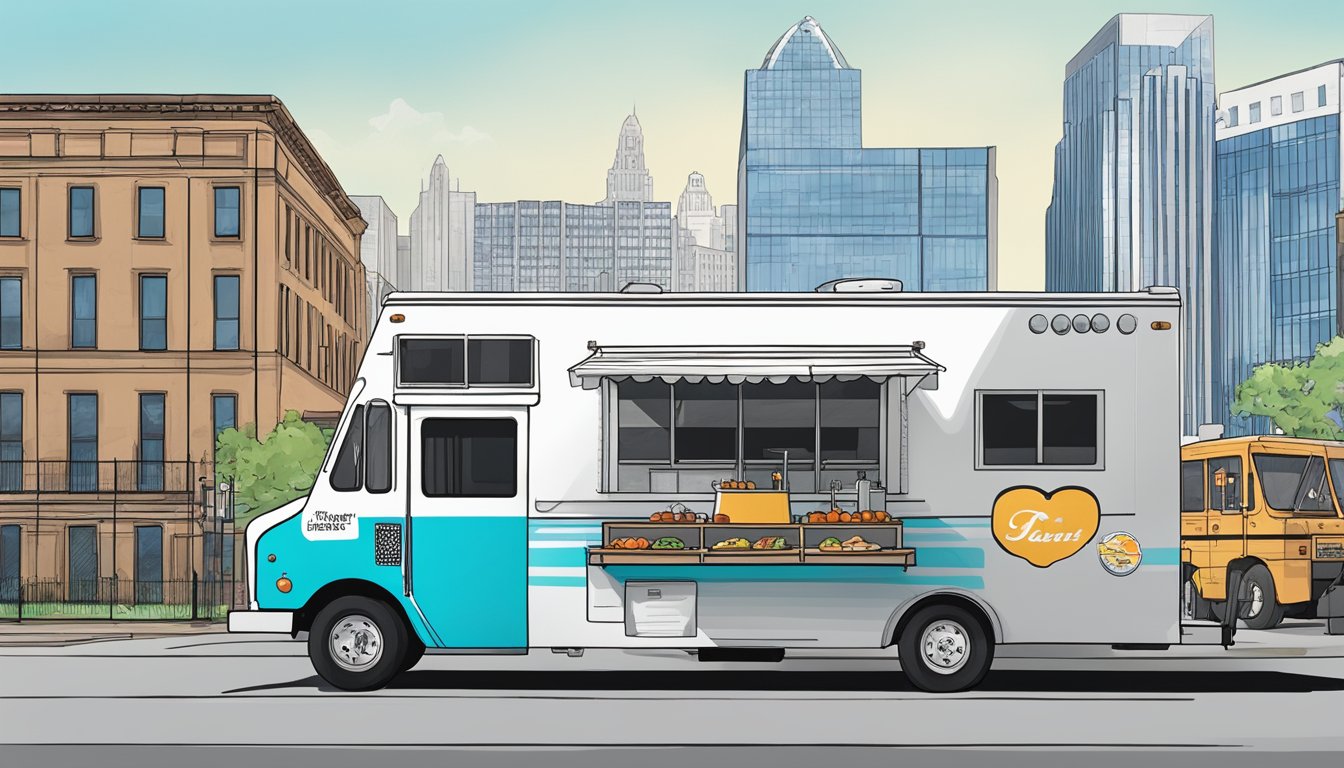 A food truck parked in compliance with Detroit City Regulations, with a clear view of Michigan landmarks in the background