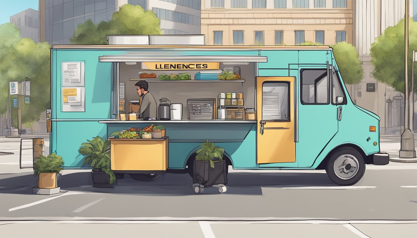 A food truck parked in front of a government office, with the owner speaking to an official and exchanging paperwork. The office has a sign indicating "Licenses and Permits."