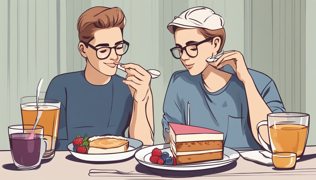 A diabetic person enjoying a slice of sugar-free cake with fresh berries on a plate, alongside a cup of unsweetened tea