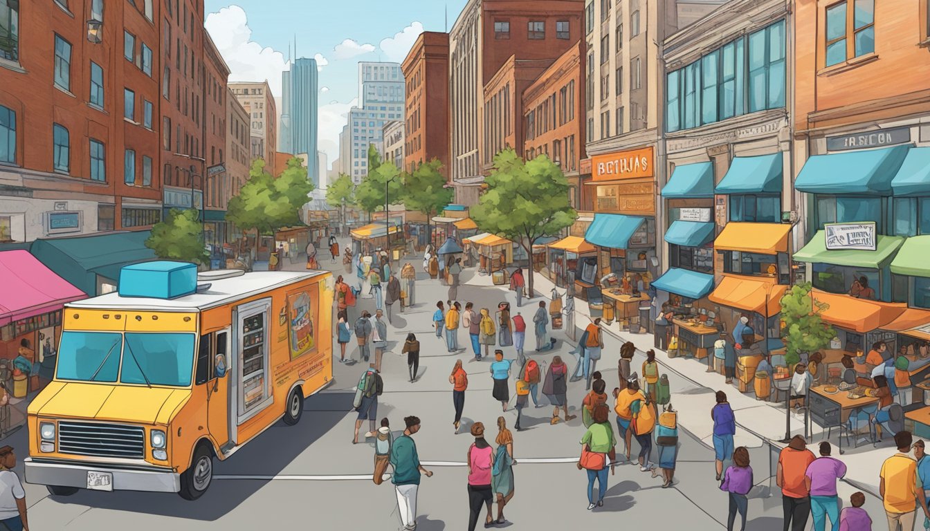 A bustling city street in Detroit, Michigan, filled with colorful food trucks serving up local cuisine, surrounded by eager customers and bustling activity